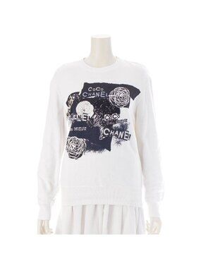 Chanel Graffiti CC Logo Camellia Trainer Sweatshirt Top White XS